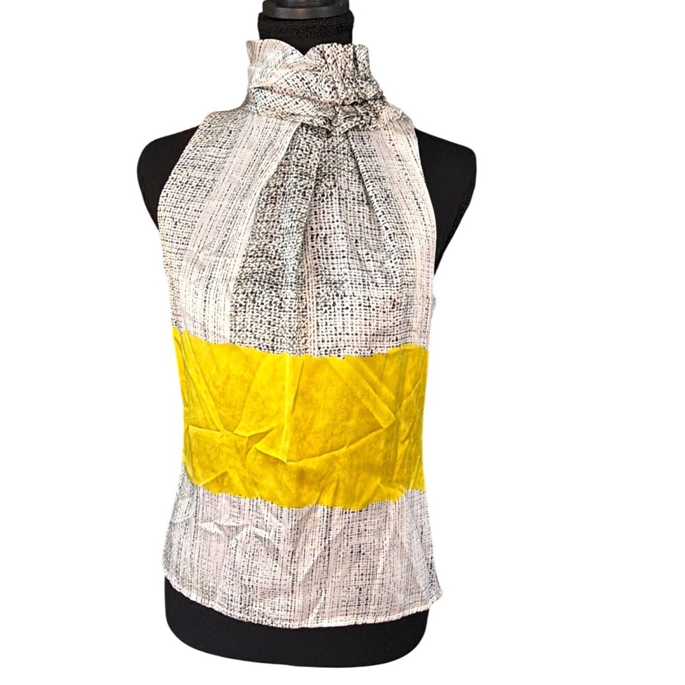 Etcetera 100% Silk Halter Blouse Ruffle Neck Yellow Black Print Size 0 Luxury